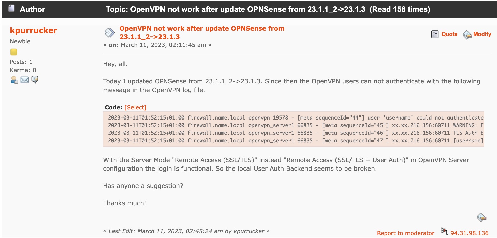 OpenVPN bei OPNsense 23.1.3 kennt keine User mehr